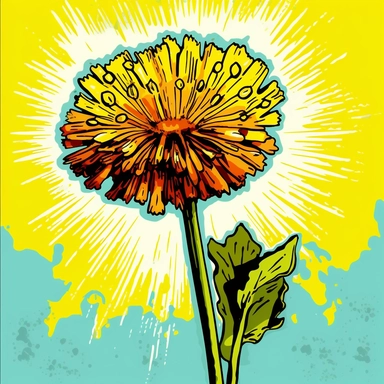 yellow dandelion in full bloom, cartoon image, clipart, vivid color
