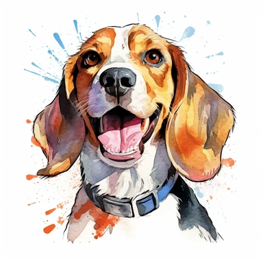 On a white background, a detailed Beagle dog portrayed in a watercolor style, appearing as a clip art. The Beagle has expressive eyes and floppy ears, with intricate brushstrokes capturing its fur's texture and colors. The clip art showcases the Beagle in a playful pose, with its tongue out and tail wagging. The watercolor technique creates a soft and ethereal quality, with delicate blending of hues and subtle splatters of paint, giving the artwork a lively and vibrant feel