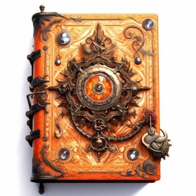 A beautifully patterned creepy grimoire spellbook in varying hues of captivating orange, D&D item, stunningly beautiful, refined and sophisticated, Hand drawn, Roberto Ferri, Clipart, watercolor, white background, intricate detail, 45 degree angle