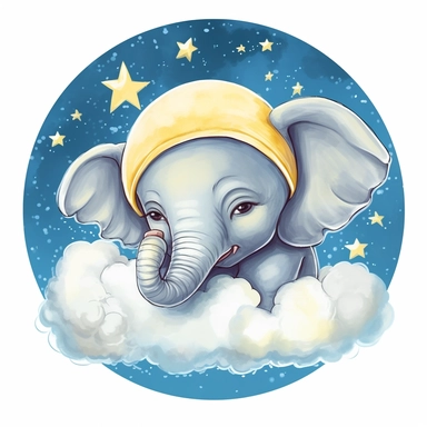 clipart of baby elephant with moon, stars and clouds