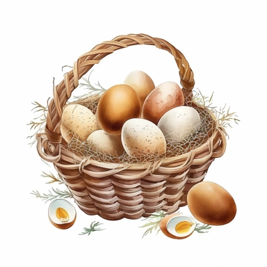 Watercolor brown eggs in basket Clipart, white background, without flowers