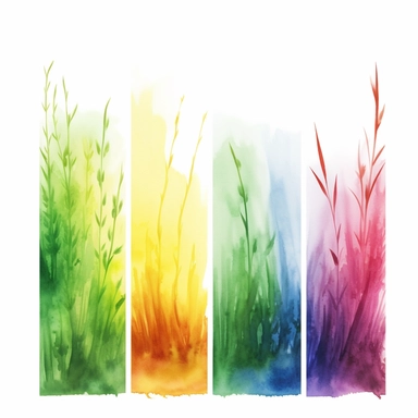page dividers made of grass, det of three, clipart, watercolour, white background, rainbow colours