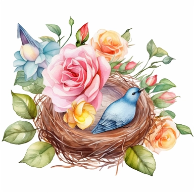 Watercolor nest Clipart, springtime, roses,cute, Bird nest, flowers