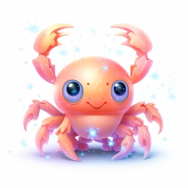 Cartoon cute crab, in the style of magali villeneuve, on a white background, Clipart, pastel neon colors, whimsical, magical, children illustration, twinkling lights, beautiful, sparkly, girly, feminine, engaging, High definition, 2D, HD, isolated on white background