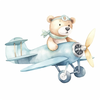 adorable light blue teddy bear flying an aeroplane, hand painted, watercolor, clipart, white background