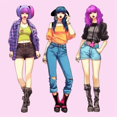 Create a women's fashionable clipart illustration that showcases a unique blend of bright color y2k fashion, millennium generation, oversized plaid shirts, bright colors pastel, and y2k fashion trends, with a touch of Y2K influence. The illustration should capture the essence of y2k clothing styles. Incorporate elements such as checker-inspired belts, retro glasses, leather jackets, cyberpunk skirts, hello kitty bag, coffee tumbler, and allstars sneakers in muted pastel hues. Y2k style, millenni