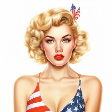 Beautiful pretty pin up woman, makeup and hair 50's style, blonde hair, diferent poses celebrating the 4th of july, paint art style, different poses, detail, clipart, white background, superrealistic, one of a kind
