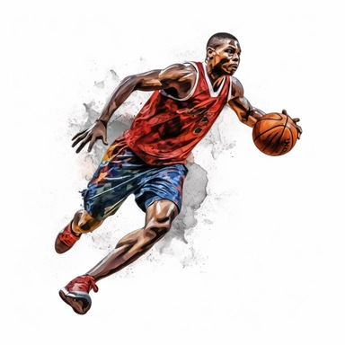 Basketball player going to the hoop, , highly detailed, watercolor, clipart, illustration, white background, digital painting, paper crafting, no signature, no text