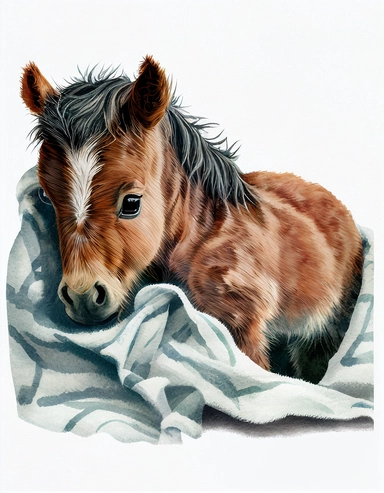 baby horse in a blanket, watercolor clipart, transparent background,