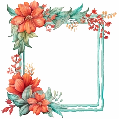 Upscaling image #1 with watercolor clipart of a empty suttle dainty floral rectangle frame surrounded by turquoise color flowers and coral color flowers. Capture the essence of blooming beauty and intricate details in your artwork, white background