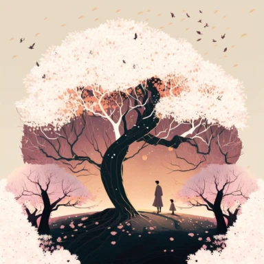 in the style of Ryo Takemasa, xuan loc xuan, Lisa Audit, Anastasia Suvorova, Jon Klassen, greg tocchini, single lady under sakura tree at night, fantasy, limpid, magical, mysterious, white background, vector, clipart, elaborate, ultra-detailed, best quality illustration, vibrant colors, high definition, UHD