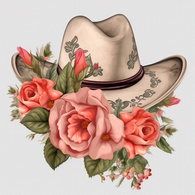 clipart, vector, cowgirl hat with roses on it, separate each element, transparent background.
