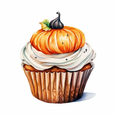 Ella bailey watercolour illustration with black gel pen outline style pumpkin cupcake , high definition, 16k, insanely detailed, fine detail, sharp focus, illustration, white background, isolated clipart vector