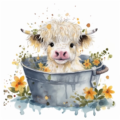 watercolor clipart of an adorable white highland cattle calf with black spots around the eyes and black ears sitting wet in a tub filled with water and flowers, happy, smiling, sunny and warm day, hand drawn style, white background