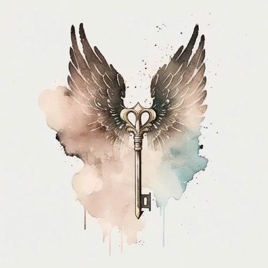 Watercolor magic Key with wings clipart, beautiful watercolor ink wash coloring, thick pencil lines, Jon klassen, Adrian tomine, popular on etsy, watercolor illustrations clipart, watercolor illlustration book illustrations, plain white background