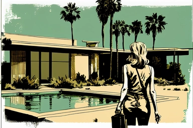 detailed 1960's letraset clipart illustration of a the backside of beautiful wealthy elegant 45 year old woman standing with her back to us, holding designer purse in front of a midcentury brutalist house swimming pool in palm springs, 1960's, friendly, sunglasses, washingtonia palms, low camera angle, pool
