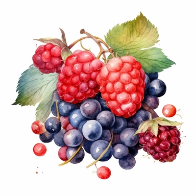 watercolor colorful clipart of a fresh bunch of summer berries, hd, on white background