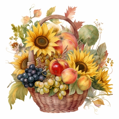 a bouquet of sunflowers and fruits in a Cornucopia, in style of watercolor clipart, high detail