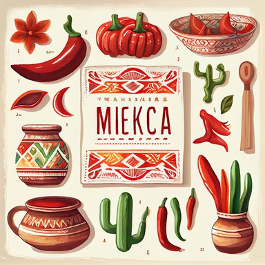 Draw a set of watercolor-style clip art images that feature red chilis that resemble Mexican ceramics and tiles. The images should have a rustic and intricate aesthetic, and should incorporate elements such as shape of country of Mexico in various shapes and sizes with traditional Mexican patterns and designs, made from different colors and shades. The images should be depicted in a variety of different styles and sizes, and should be adorned with details such as texture, shading, and other real