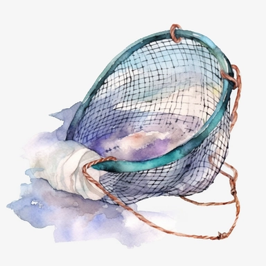 Watercolor fishing net clipart, white isolated background, space out, hd