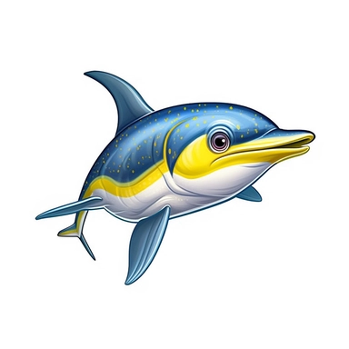 Illustration of a cute baby Dolphin fish (Mahi-mahi) against white background, cartoonish style, highly realistic, white background, clipart, PNG pure white background, high resolution, hyper detailed, best quality, high detailed illustration