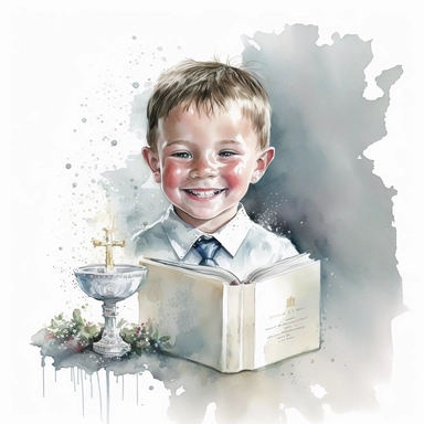 First Communion ,Boy, Bible, Rosary, Chalice, smile, splash, watercolor by Thomas W.Schalle, clipart, white background