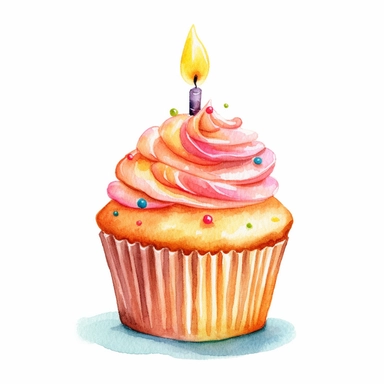 watercolor clipart, one individual cupcake with candle, white background