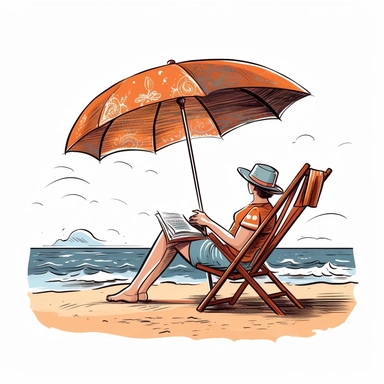 a clipart image depicting a person reclining on a beach chair with an umbrella, reading a book while enjoying the soothing sound of ocean waves. Add elements like seashells, a beach towel, and a refreshing drink to convey a laid-back beach atmosphere, isolated on a white background