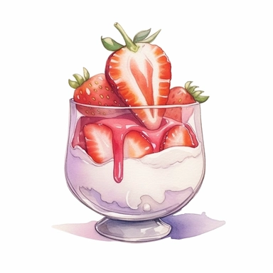 strawberry dessert, pastel colors, light watercolor, few details, dreamy, Studio Ghibli, clipart, white background