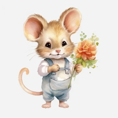 a standing baby mouse with cute big eyes, beatrix potter style, holding a flower, happy smiling face, cute animal, adorable, playful atitude, adorable watercolor animal clipart with a few plant and flowers decor, no background, high quality