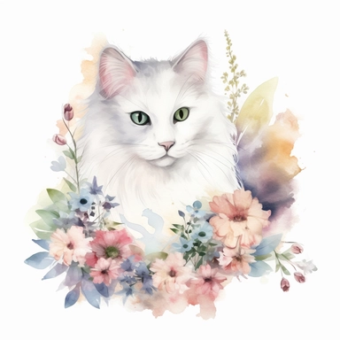 white fluffy cat with flowers, clipart pastel, style is watercolor, isolated, white background, soft face, Adorable, Charming , Endearing , fluffy, Furry, Gentle, innocent Playful, Precious, soft, Sweet, Tender, Whimsical, 4k