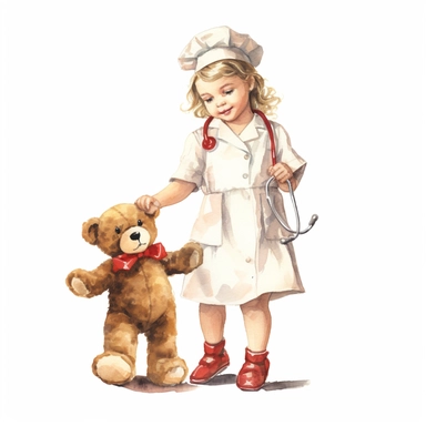 vintage adorable little girl dressed as nurse taking care of teddy bear, red cross, clipart style, full body, watercolor technique, super high quality, professional watercolor clipart, high resolution