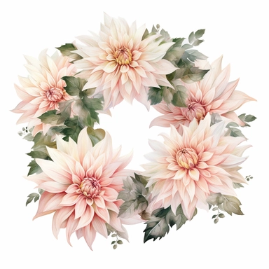 a simple gorgeous A wreath made with creamy peachy-light pink Café Au Lait Dahlia flowers and greenery on white background clipart, watercolor painting realistic, high quality, vibrant, Vicente Romero Redondo, Willem van Aelst