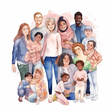 watercolor, Scene of kid adoption. Multicultural foster families and couples adopt diverse children. Happy parents embracing their adopted daughters and sons. png Full body realistic cartoon in 32K UHD cute. 15 cm thick outline. Black color. There was no shadow on the ground. 8k with realistic watercolors and detailed illustrations. PNG clipart, transparent white background