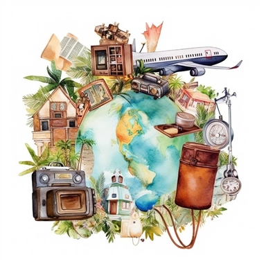 Watercolor fantasy Travel clipart Summer Holiday Vacation clipart Tourism clipart Planner Adventure Clipart PNG Airplane Camera Globe Commercial Use