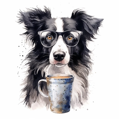 a watercolor border collie dog wearing glasses and drinking tea, highly detailed, white background, clipart