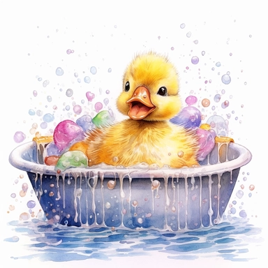 realistic watercolor drawing featuring a cute baby duckling, full of pure delight, as it happily frolics and splashes in a bathtub filled with a medley of colorful bubbles. The duckling's endearing expression and fluffy downy feathers are depicted with clean lines and vibrant colors, while the bubbles pop with a playful assortment of bright tones. The watercolor painting is created in a clipart style, allowing for easy integration into various projects and designs. Against a white background, th