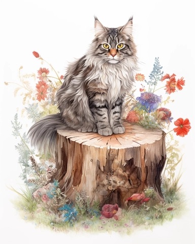 Watercolor Painting of Norwegian Forest cat sitting on stump surrounded by wild Texas Flowers, on white background good anatomy, DETAILED ILLUSTRATION, Flemish Baroque, Rococo, white background, Intricate Detailed, Soft Light Effect, Oil Paint Strokes, Light Academia Aesthetic Flowers, Lighting cinematic, all shown shimmering stamens, tyndall light, texture, colorful, 8k, fantasy, ray tracing, vivid, spectacular lighting, octane rendering, highly detailed, ultra - realistic, white background, cl