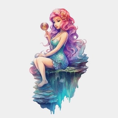 Watercolour animated whimsical beautiful Disney inspired fairytale pastel beautiful baby mermaid with pastel hair and perfect beautiful mermaid tail sat on rock Disney inspired beautifully detailed perfect facial features ultra highly detailed, 18k, sharp focus, bright photo with rich colours digitally enhanced, enhanced graphics, straight, sharp focus, bright lighting, intricate detailed png image ,high definition,300dpi,graphic clipart,computer graphics