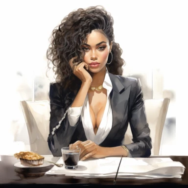 stylish, fashionable black, african american woman in business attire sitting at her desk in a luxurious office clipart, watercolor style, hyper realistic, detailed, white background