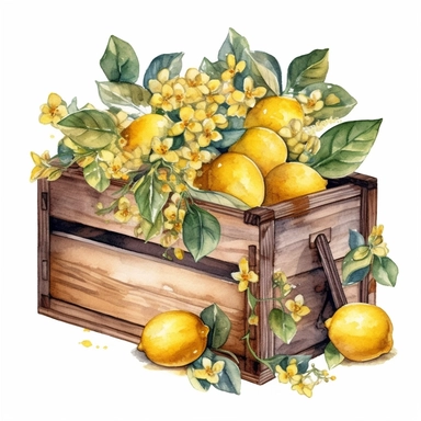 watercolor lemons in wooden case with lemon flowers clipart, lemons outside the wooden case, fresh, on white background, spaced out