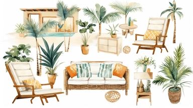 Watercolor clip art, Serena and Lily inspired, Editorial Style photo, Mid-range view, Artistic, Eclectic, Tropical plants and lounge chaise furniture, Varied and eclectic, Medium level of detail, Diverse and vibrant, Luxury bohemian resort brand, Soft and diffused, Beachfront, Afternoon, Bohemian and free-spirited, Eclectic and vibrant, on a white background, no shadow, shot on 70mm lens, Canon camera, 8k, spaced out, stylize 1000,