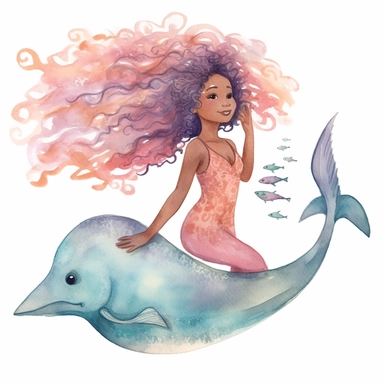 Mermaid Clipart Clipart, full body pastel colors african american Mermaid swimming with a dolphin , natural hair, dreads, distinctive noses, illustration blend with cartoon realism and cate parr style