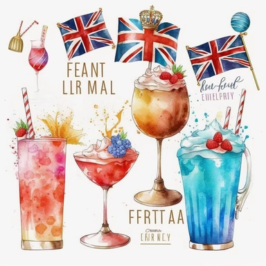 5 colourful vibrant summer british cocktail drinks, red an blue birthday balloons, an extra large gold king crown, waving union jack flags, symbolic icons, buntings, detailed pencil watercolor illustration clipart pure white background #FFFFF