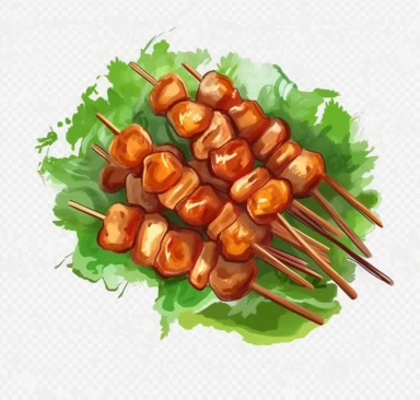 vegetarian food satay on lettuce, illustration, transparent background png clipart, in the style of realistic landscape paintings, multilayered texture