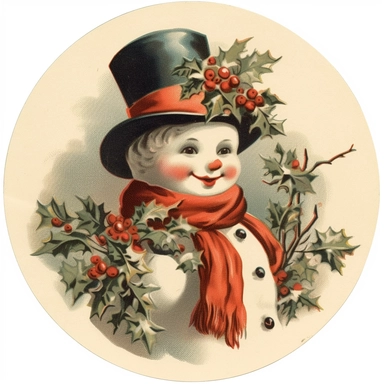clipart with vintage christmas card style snowman on a white background
