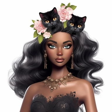 Barbie dressed as a black cat, Halloween, dark skin, beautiful face, flowers, high quality, clipart, white background