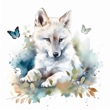 Immerse yourself in the gentle beauty of watercolor as you create a captivating clipart illustration featuring a lone baby wolf exploring the depths of a serene forest. Set against a pristine white background, this enchanting scene showcases the baby wolf's playful nature as it jumps high in the air, reaching out to catch a delicate butterfly. Utilize the translucency and soft edges of watercolors to infuse the artwork with a dreamlike quality, reminiscent of the ethereal works of J.M.W. Turner 