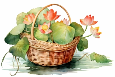 Watercolor , Lotus in a Chestnut basket, clipart, hd, on a white background, spaced out