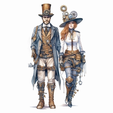 steampunk victorian prototype, full body, watercolor, gears, pinions, calipers, clocks, rivets, top hat, clipart, duo tone, realistic, ultra resolution, vivid detail, 8k, minimal watercolors, white background